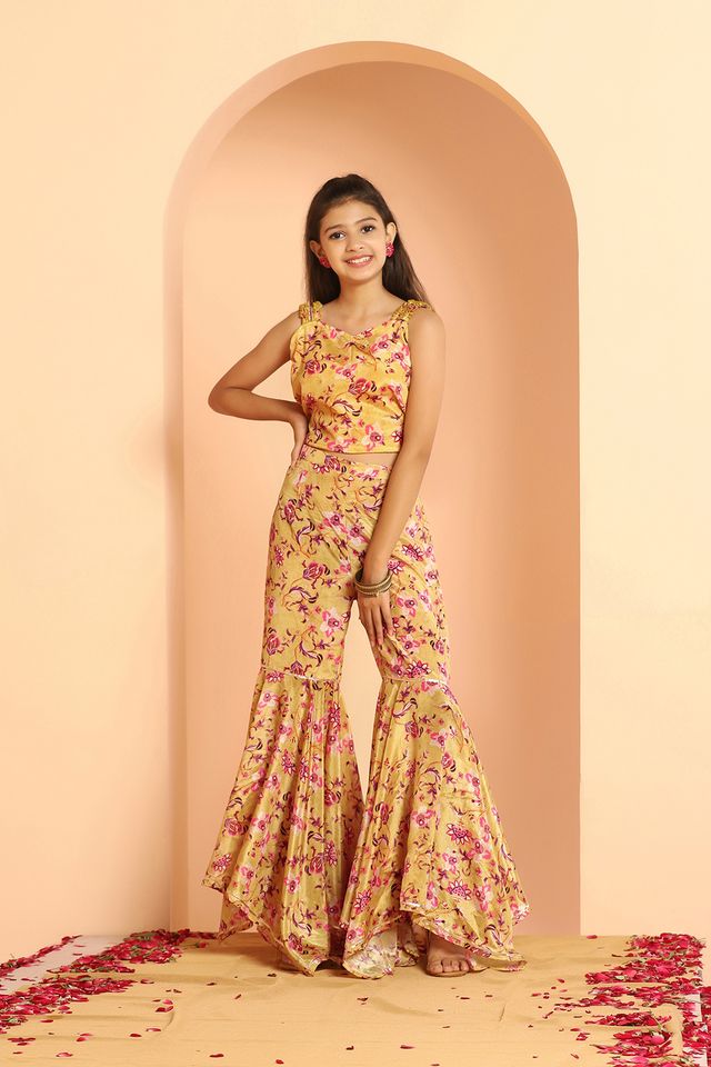 Girls Mustard Chinon Floral Printed Crop Top And Sharara Suit Set - Fashion Dream