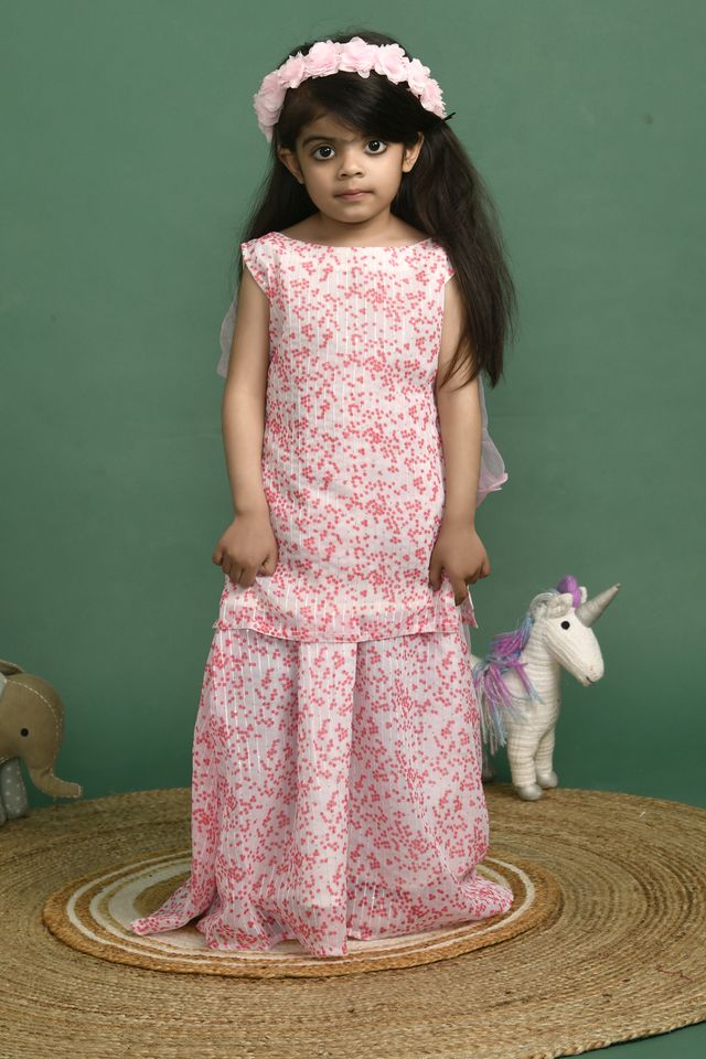 Girl's Pink White Kurta and Skirt Set - Rangpur