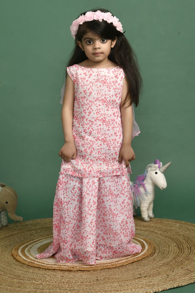 Girl's Pink White Kurta and Skirt Set