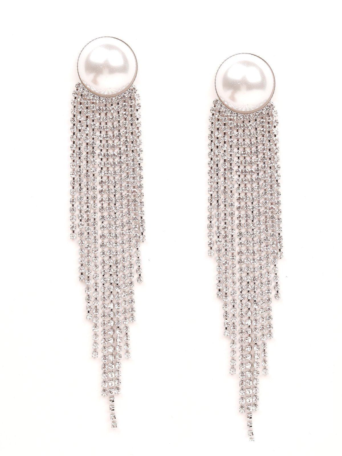 Women's Pearl Embellished Straight Drop Crystal Tassel Earrings -Silve