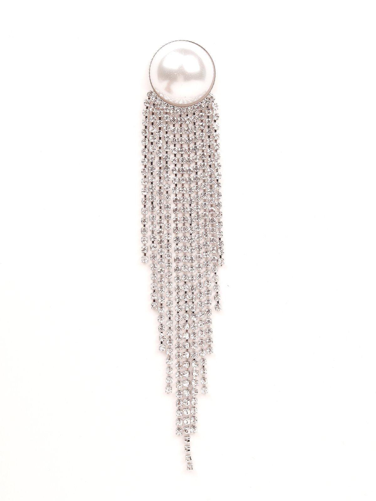 Women's Pearl Embellished Straight Drop Crystal Tassel Earrings -Silve