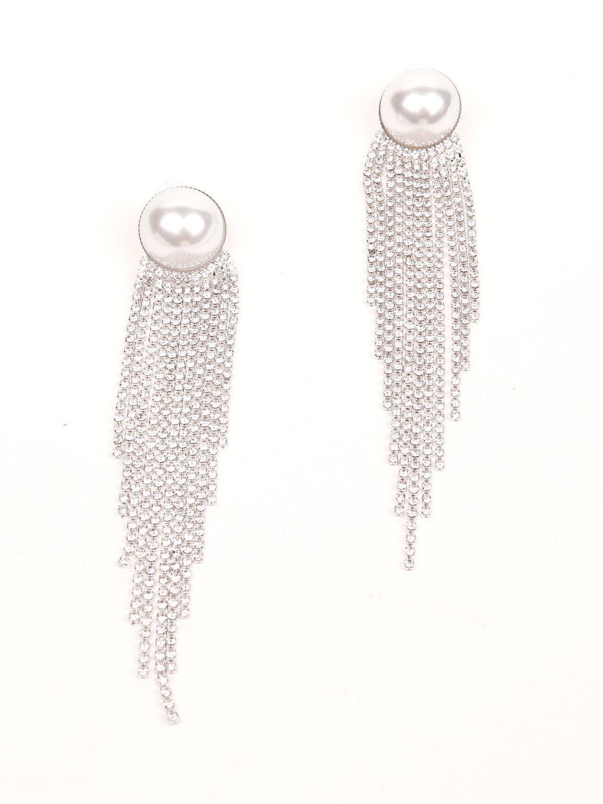 Women's Pearl Embellished Straight Drop Crystal Tassel Earrings -Silve