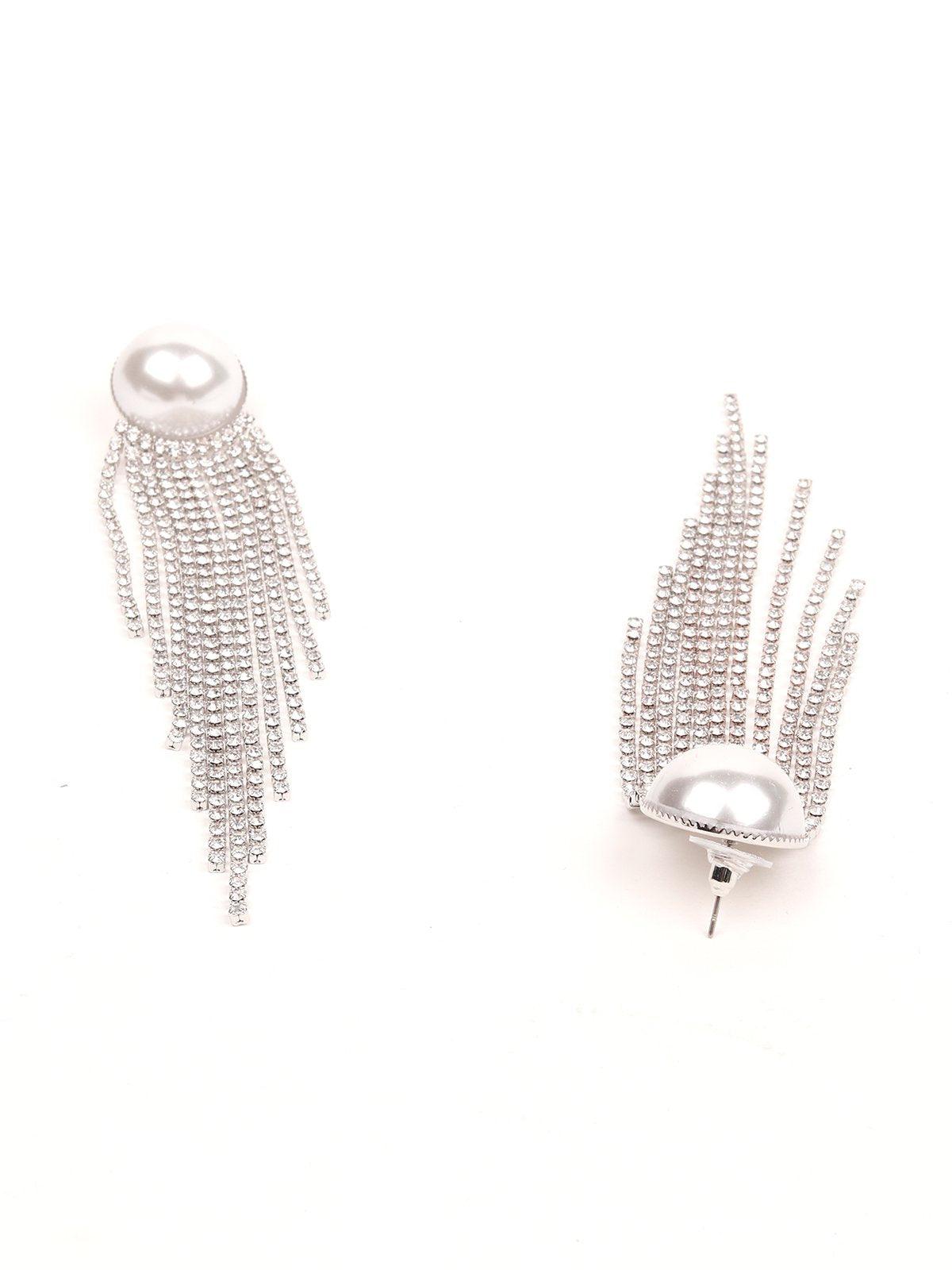 Women's Pearl Embellished Straight Drop Crystal Tassel Earrings -Silve