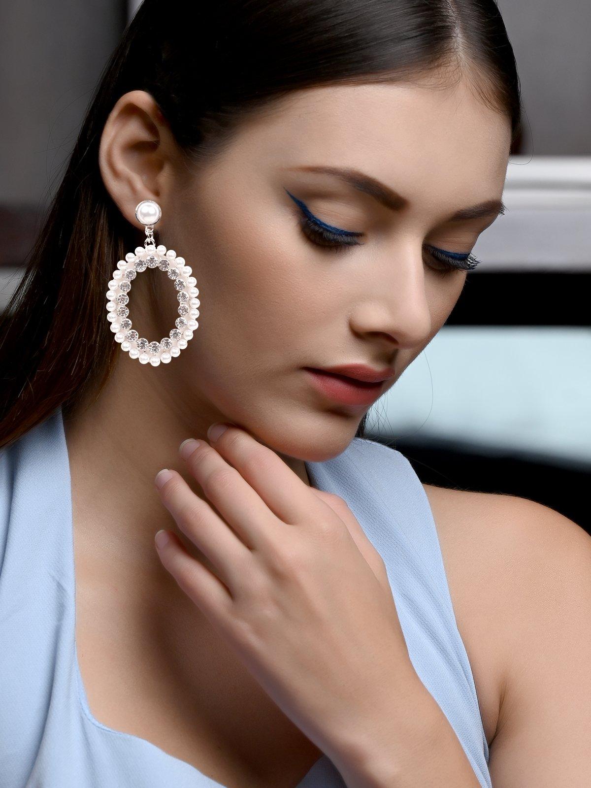 Women's Pearl Studded Double-Layered Hoop Earrings -Silve