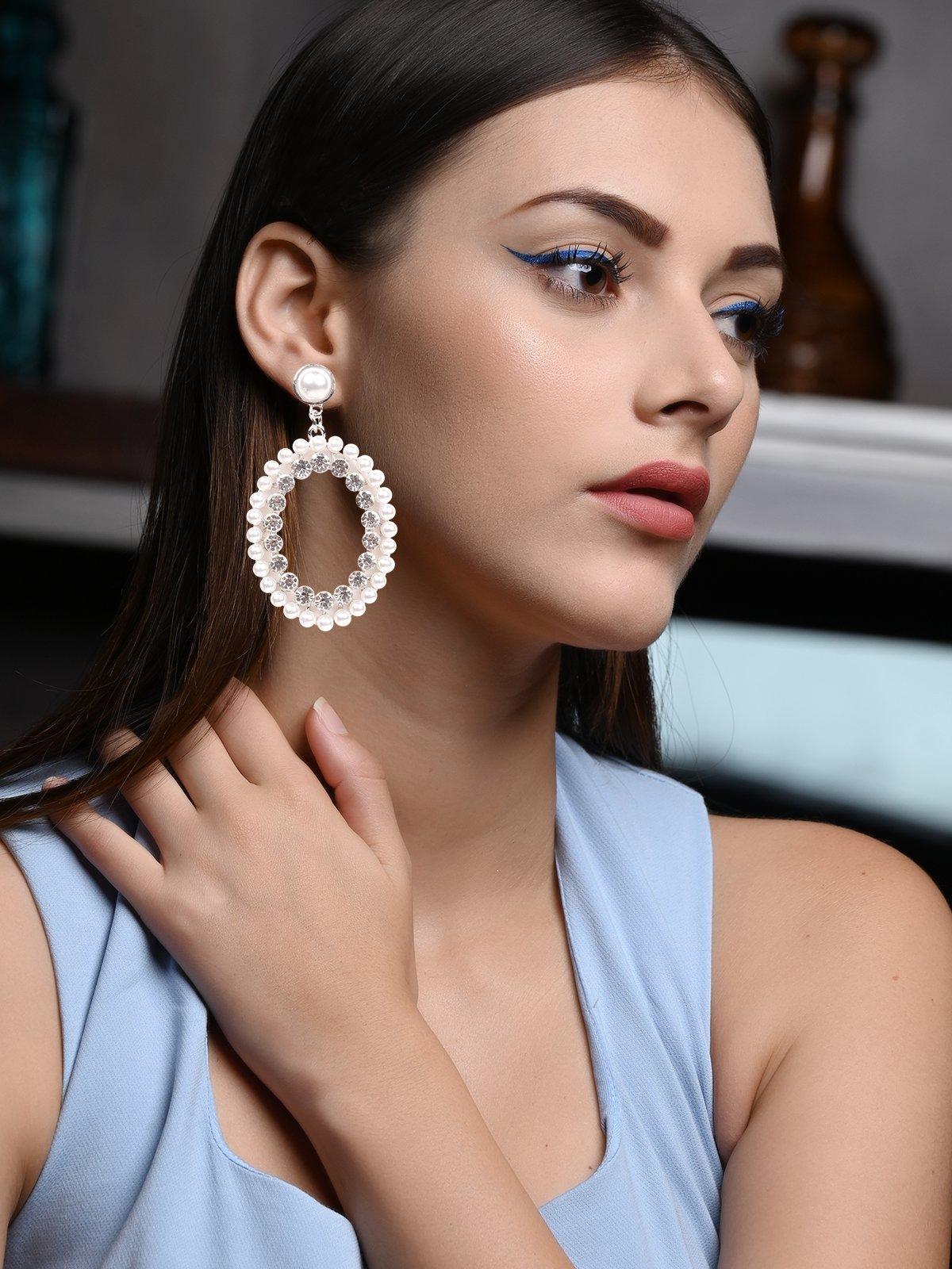Women's Pearl Studded Double-Layered Hoop Earrings -Silve