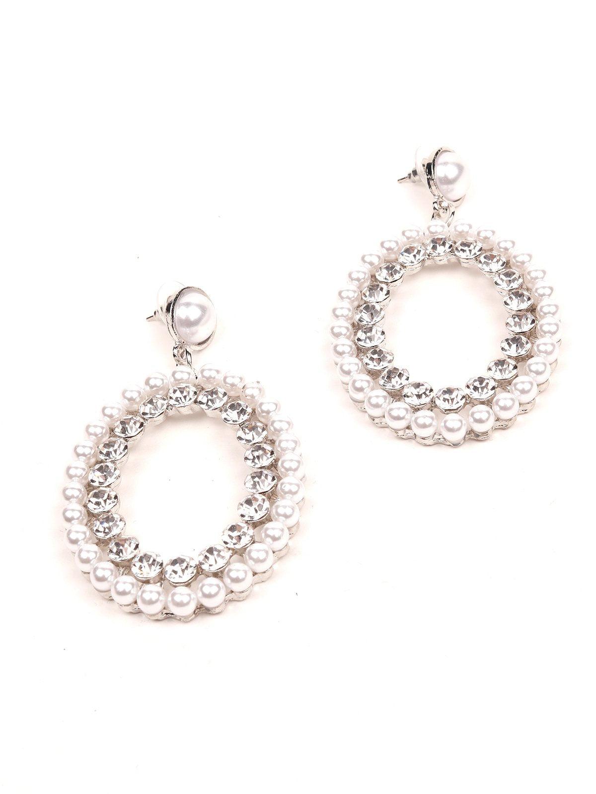 Women's Pearl Studded Double-Layered Hoop Earrings -Silve