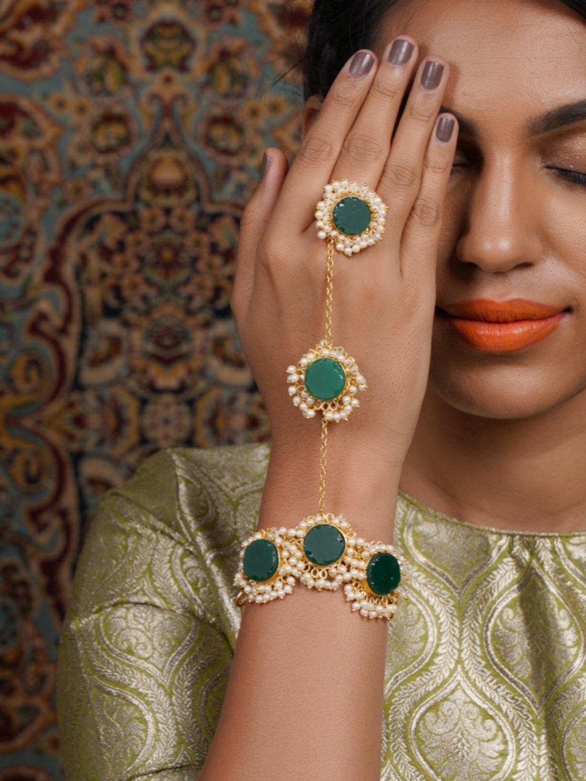 Women's Perfect Gold Tone Green Druzy-Pearl Bracele