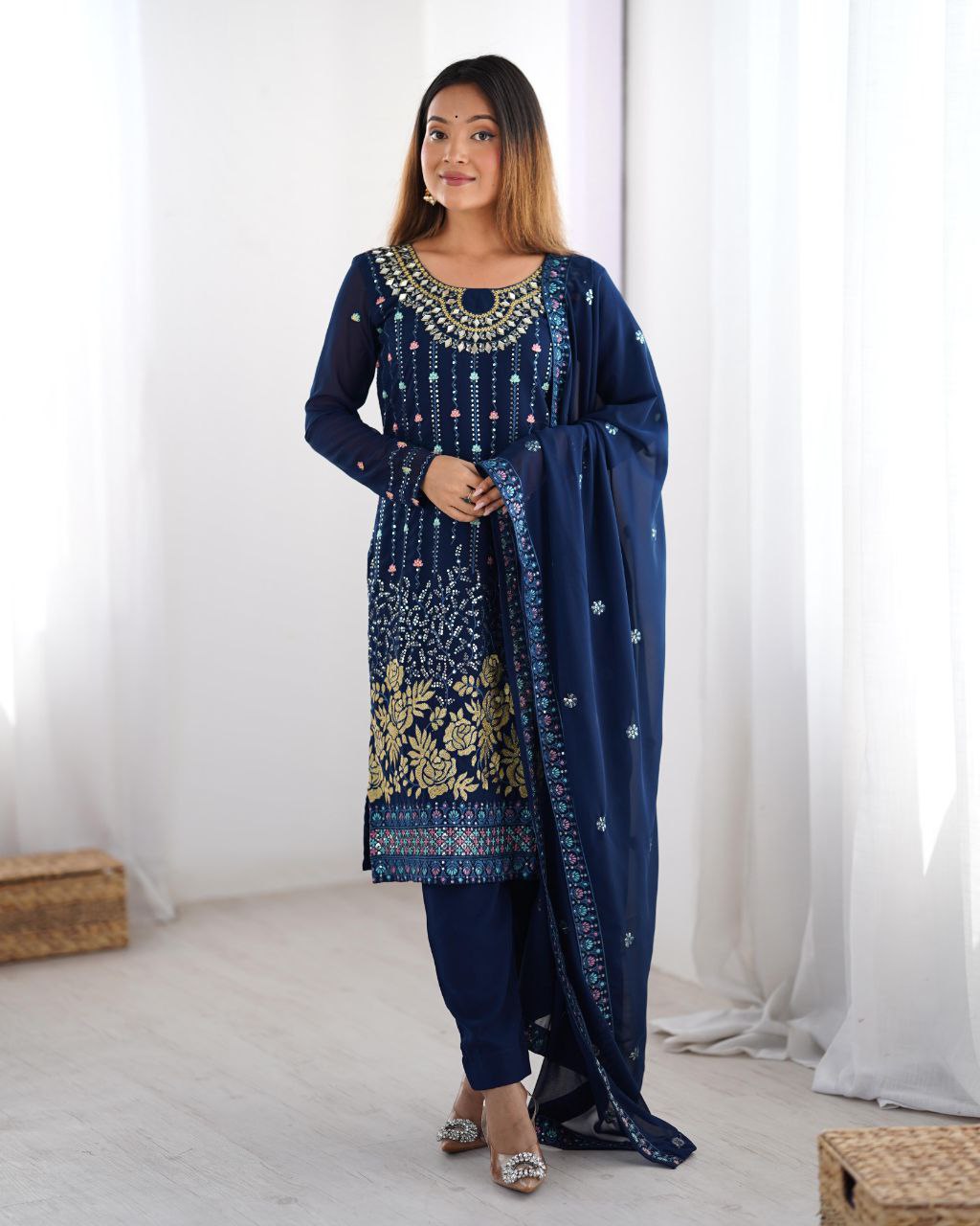 Women's Blue Color Faux Georgette Kurti Set