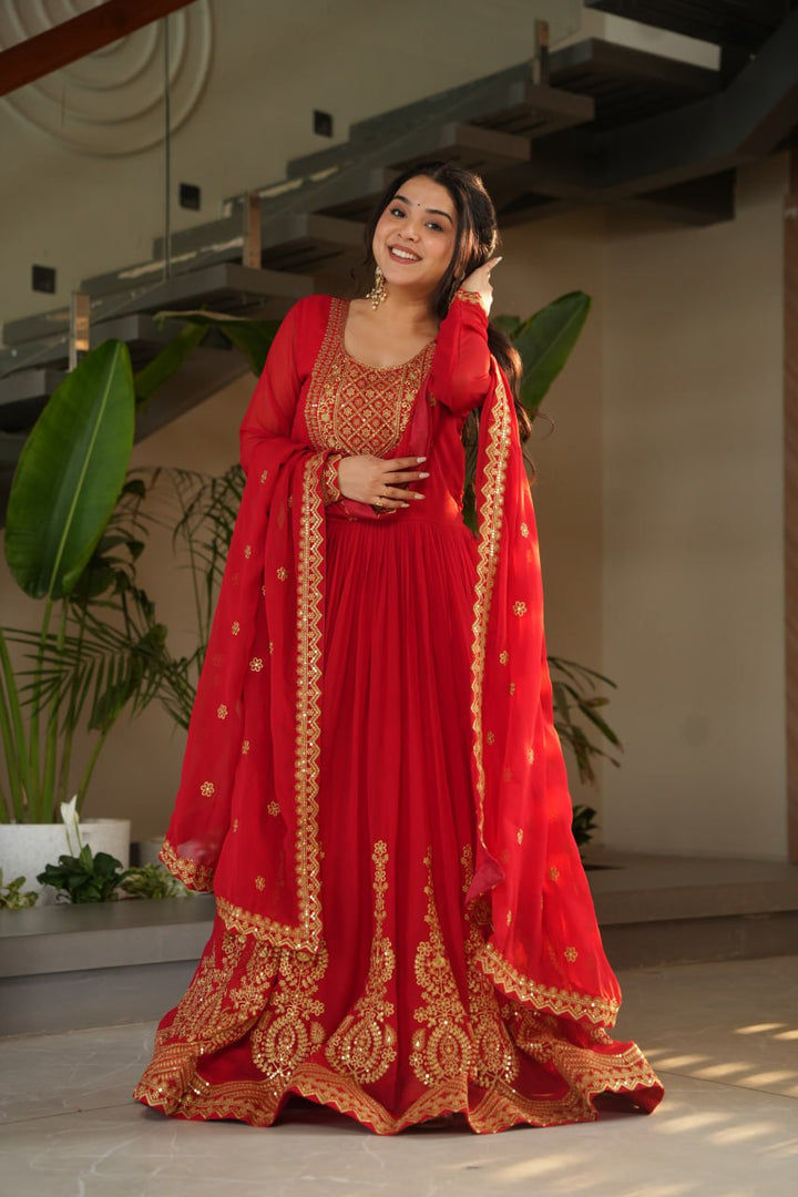 Women's Red Blooming Gown & Dupatta With Zari Embroidery Work