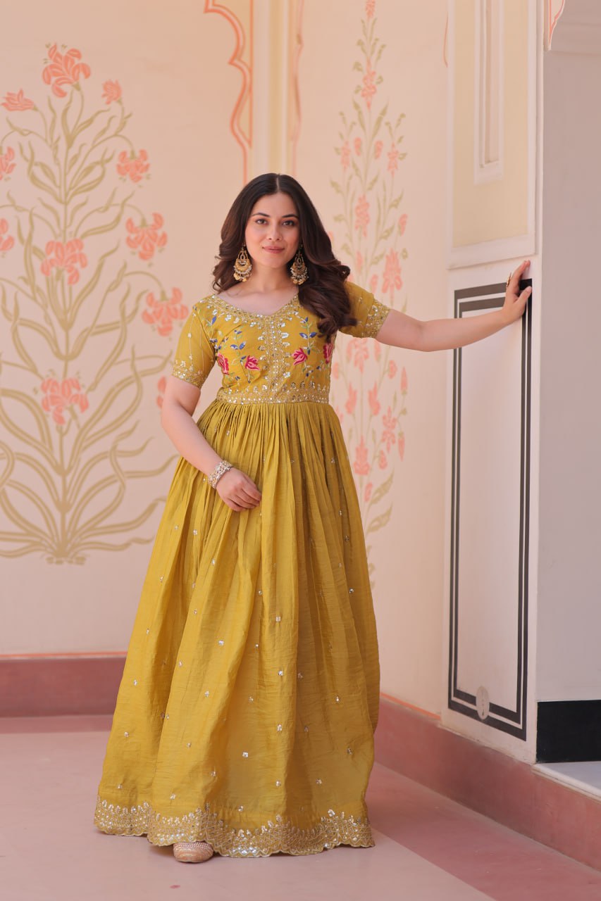Women's Yellow Gold Crush Multi Thread Zari Embroidery Gown Yellow / M | Trendia Global Women's Yellow Gold Crush Multi Thread Zari Embroidery Gown Yellow / M | Trendia Global