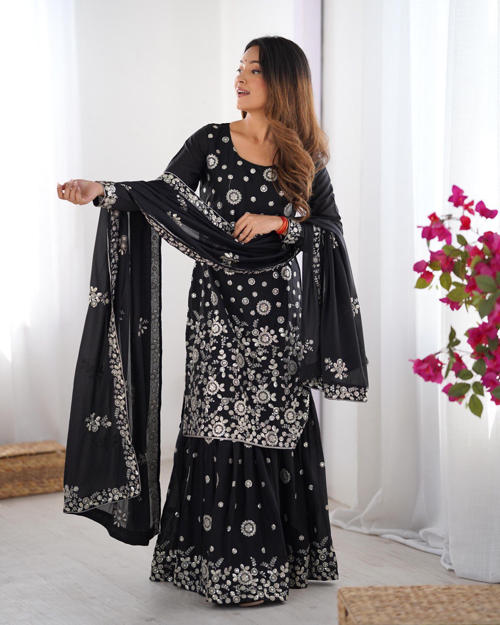 Women's Black Color Star Georgette Kurti Set