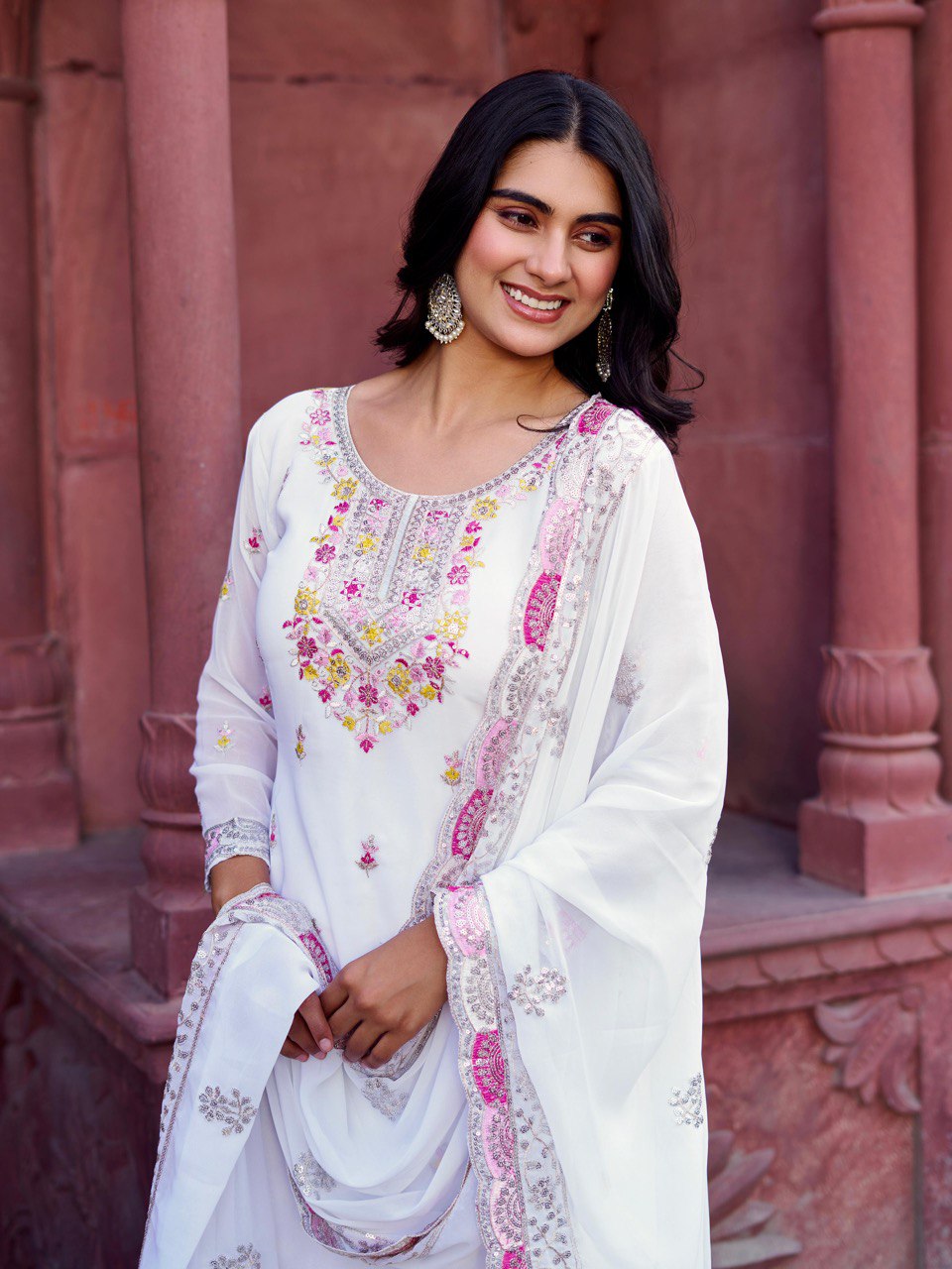 Women's White Color Faux Georgette Kurti Set