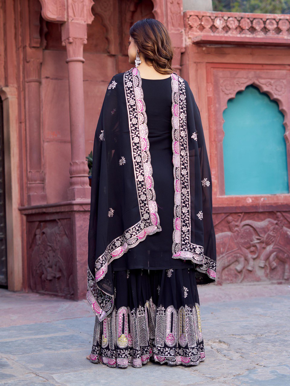 Women's Black Color Faux Georgette Kurti Set