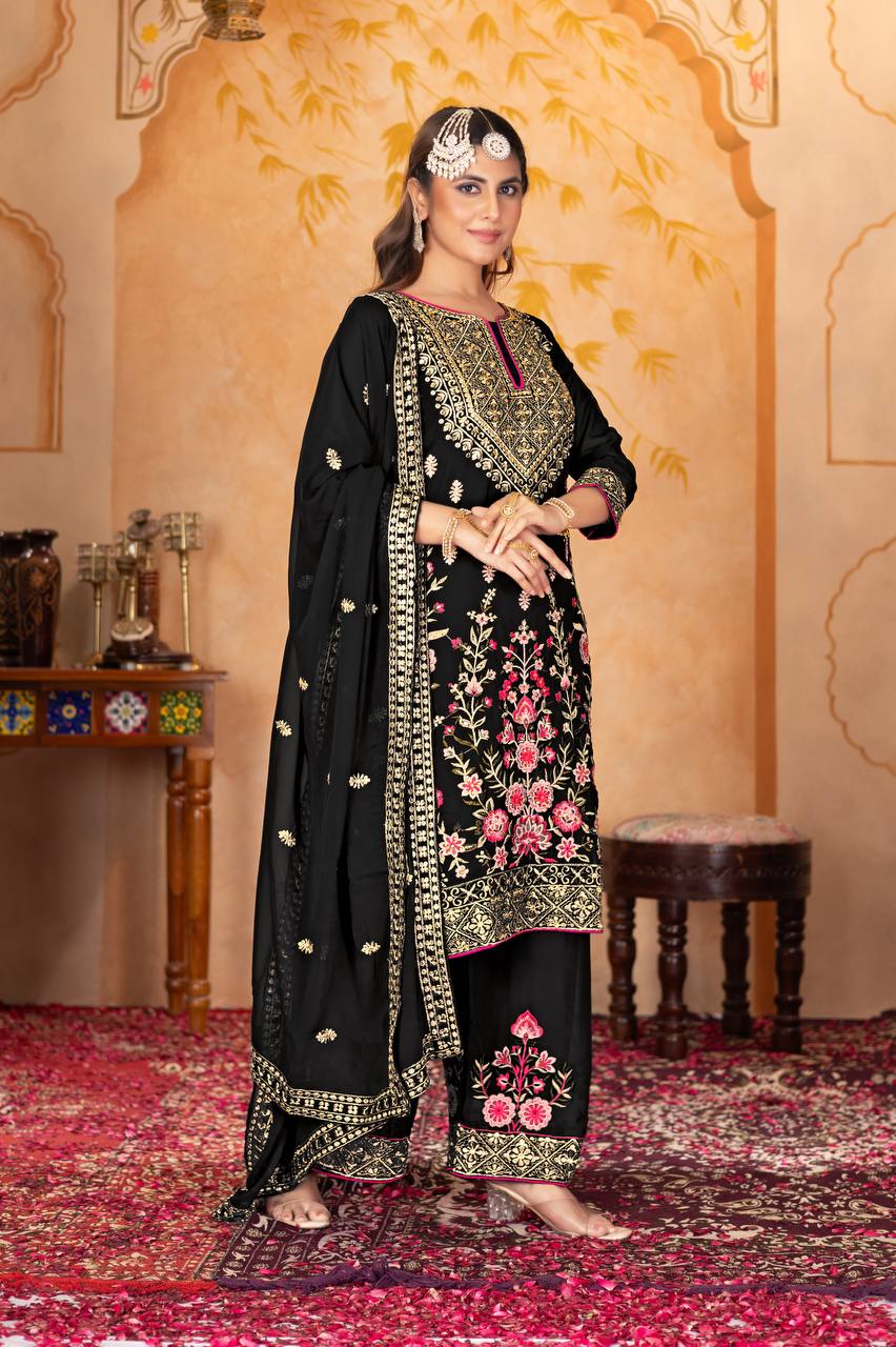 Women's Black Color Heavy Georgette Kurti Set