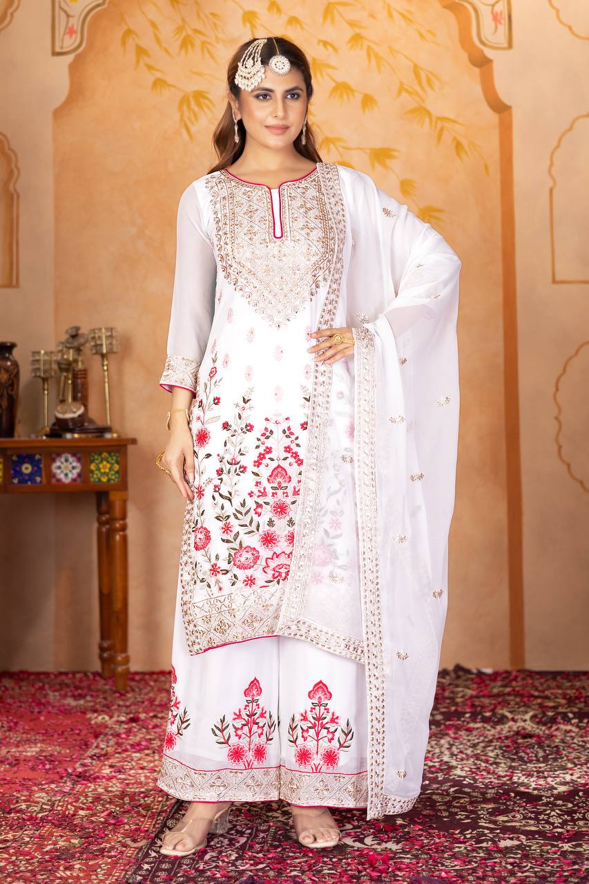 Women's White Color Heavy Georgette Kurti Set