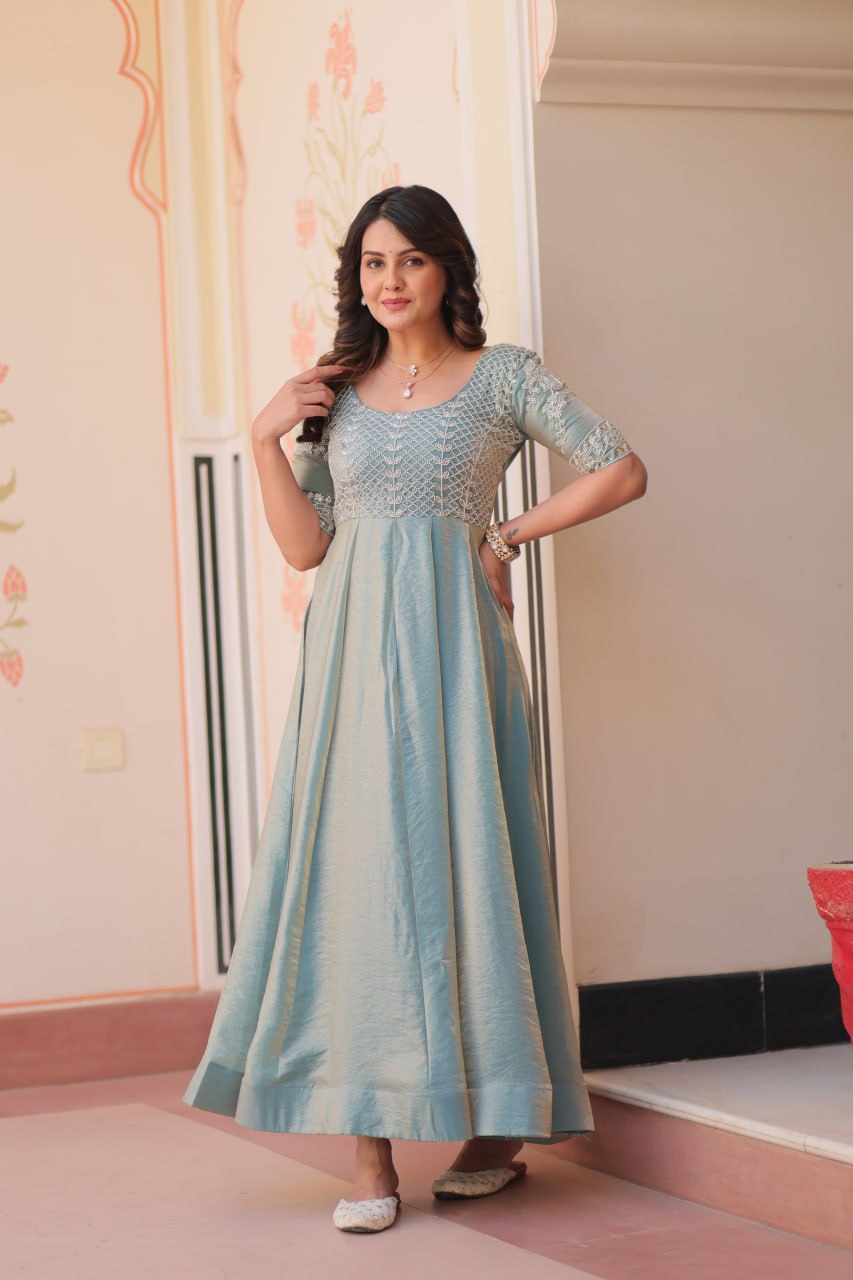 Women's Light Blue Colour Fendy Gown Set