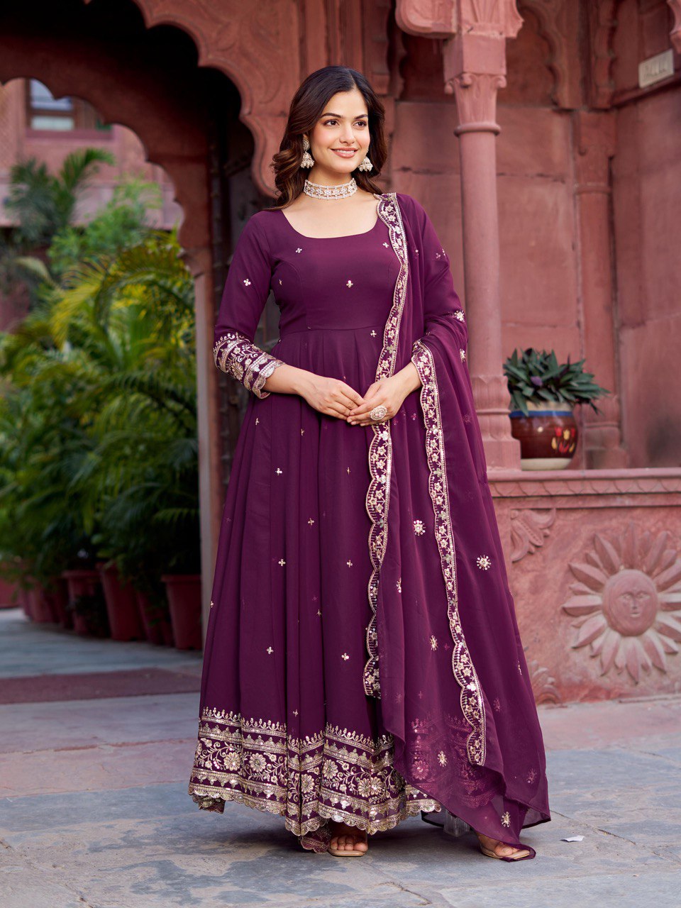 Women's Wine Colour Faux Gorgette Gown Set
