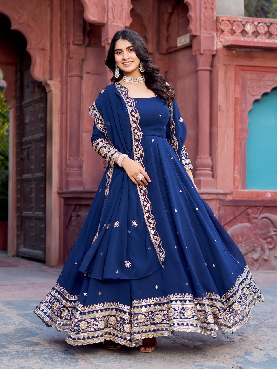 Women's Blue Colour Faux Gorgette Gown Set