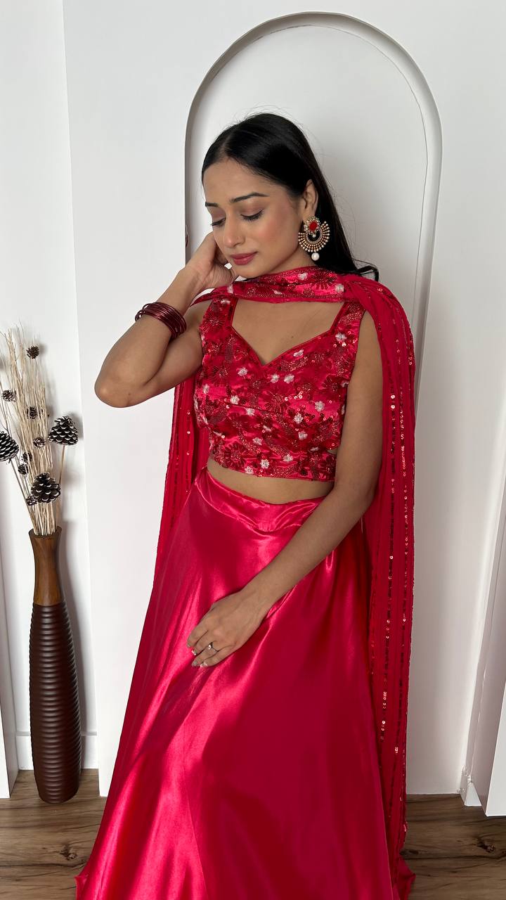 Women's Rani Pink Japan Satin Silk Dori Sequins & Thread Work Lehenga Set