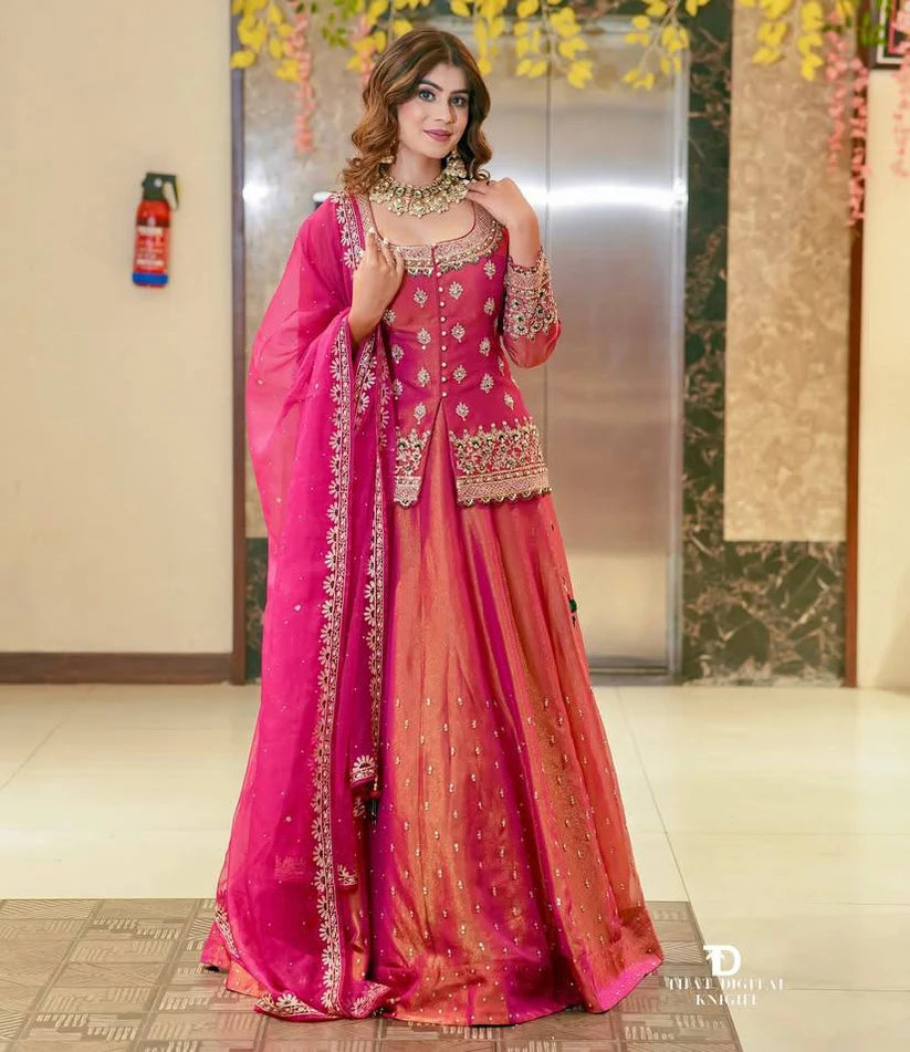 Women's Pink Shimmer Silk Embroidery Party Wear Lehenga set