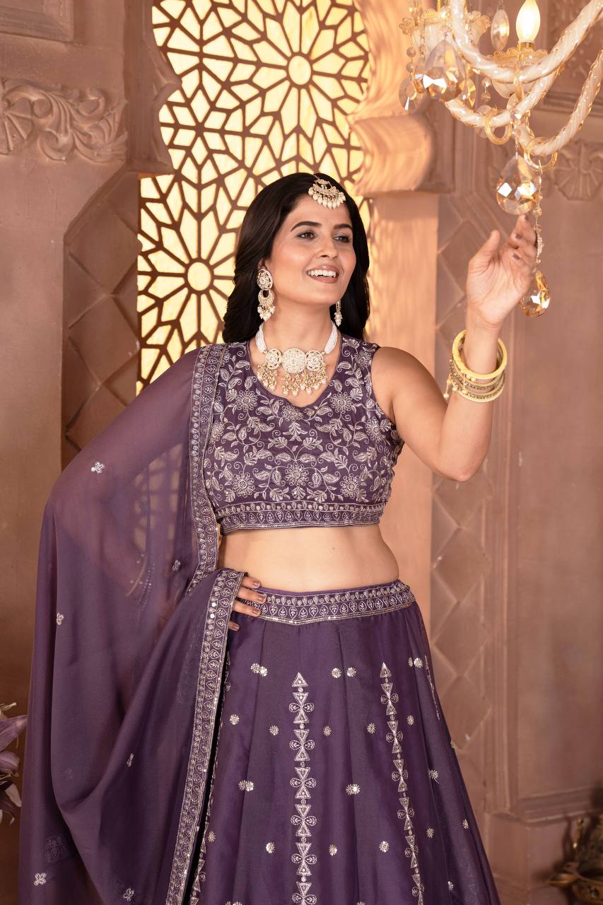 Women's Dusty Purple Star Georgette Embroidery Sequence Design Work Lehenga Set