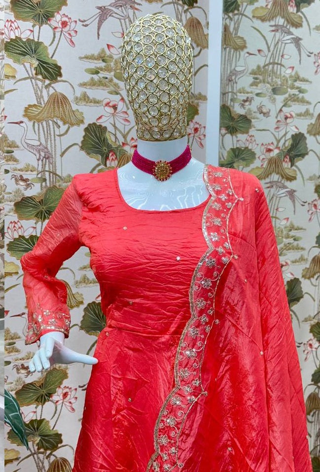 Women's Red Candy Crush Silk Embroidery Sequence Design Work Gown Set