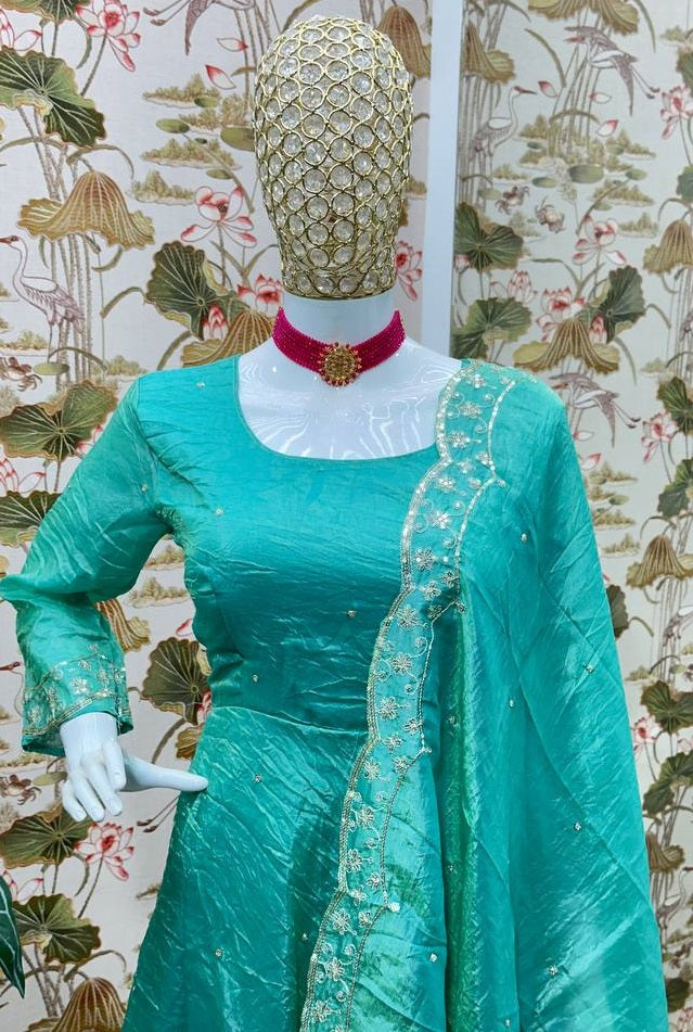 Women's Blue Candy Crush Silk Embroidery Sequence Design Work Gown Set