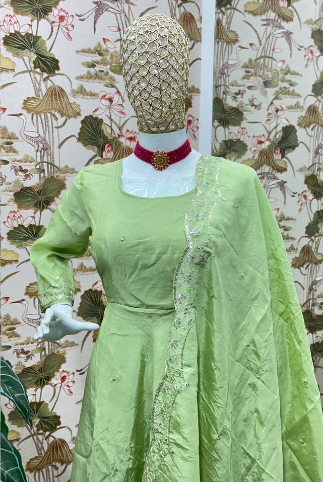 Women's Pista Candy Crush Silk Embroidery Sequence Design Work Gown Set