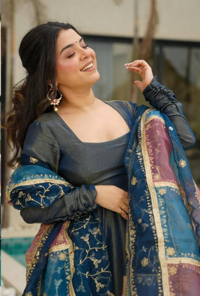 Women's Dark Steel Blue Roman Simmer Silk Plain Kurta Set