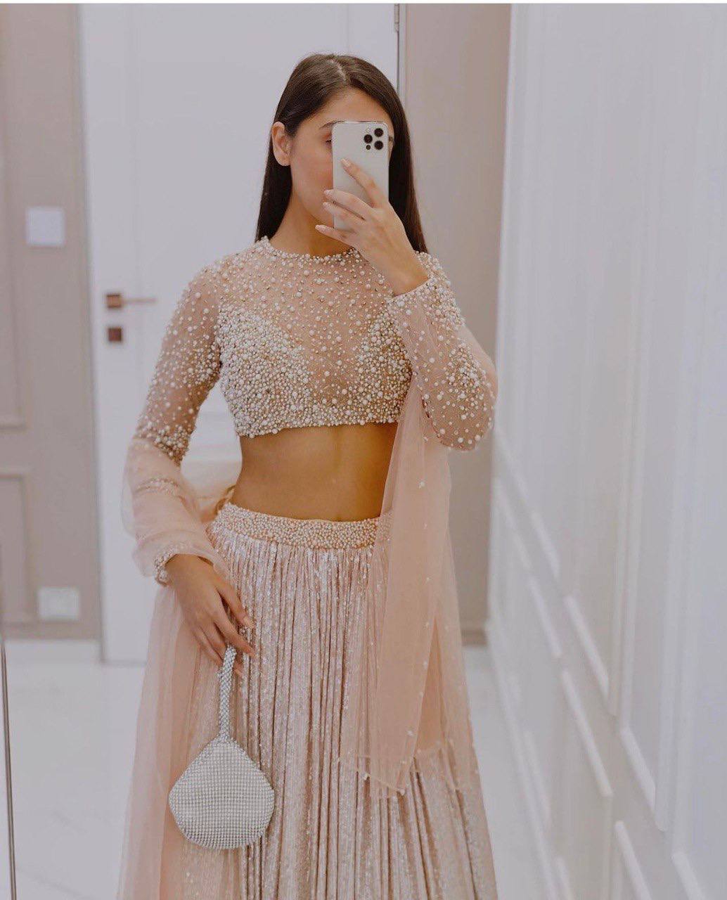 Women's Light Peach Net Pearl Sequence & Zari Work All Over Front & Back Lehenga Set