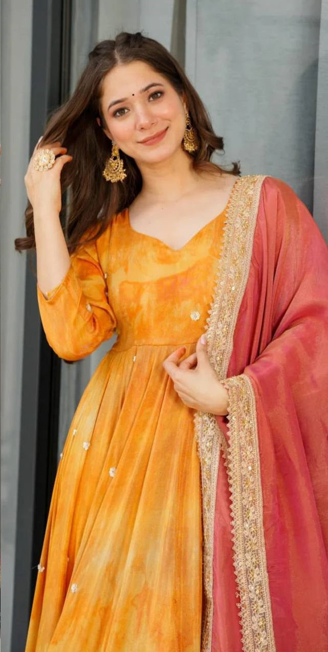 Women's Orange CHINON Silk Digital Print With Embroidery Sequence Design Work Gown Set