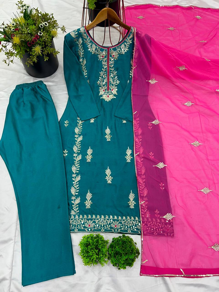 Women's Elegant Heavy CHINON Silk Embroidered Set With Dupatta And Full Sleeves