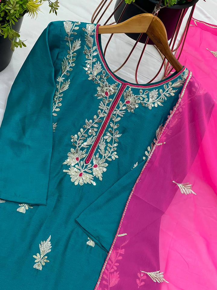 Women's Elegant Heavy CHINON Silk Embroidered Set With Dupatta And Full Sleeves