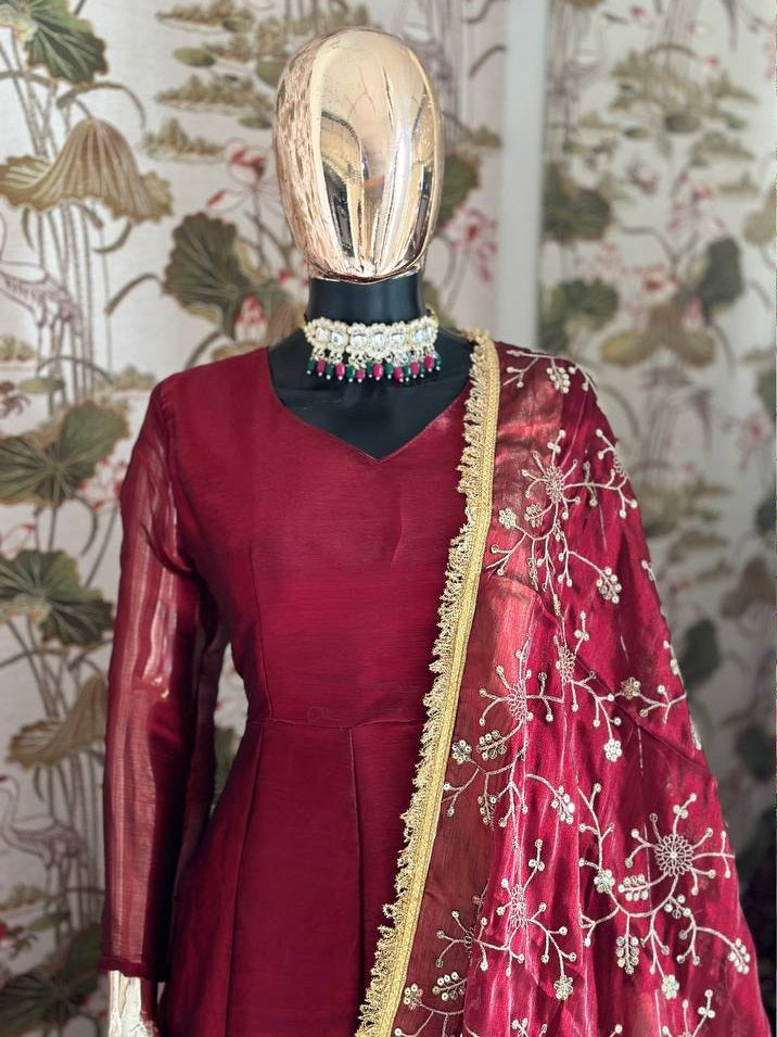 Women's Maroon Barbary Silk Embroidery Lace Border Gown Set