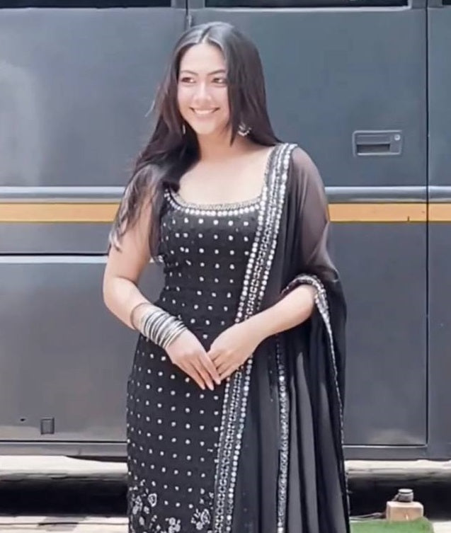 Women's Black Faux Georgette Chine Sequence With Real Mirror Hand Work Kurta Set
