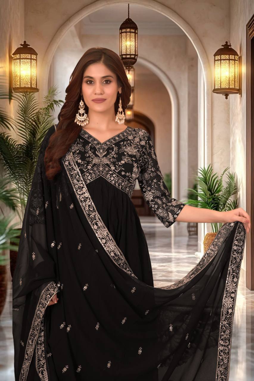 Women's Black Faux Georgette Embroidery Sequence Design Work, Front And Back Both Side Embroidery Work Gown Set