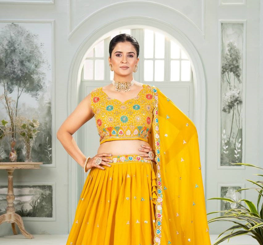 Women's Yellow Star Georgette Embroidery Sequence Design Work Lehenga Set