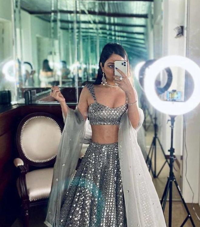 Women's Silver Kasturi Creep Silk Sequence Work All Over Front & Back Lehenga Set