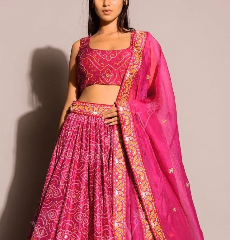 Women's Pink Satin Silk Printed Lehenga Set