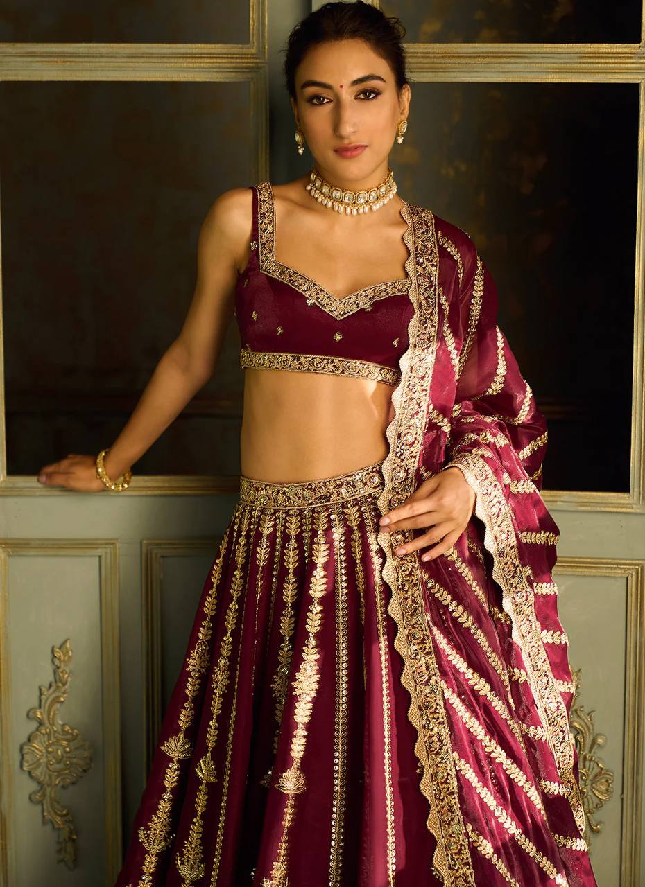 Women's Maroon Kasturi Silk Zari Sequins & Dori Work All Over Front & Back Lehenga Set