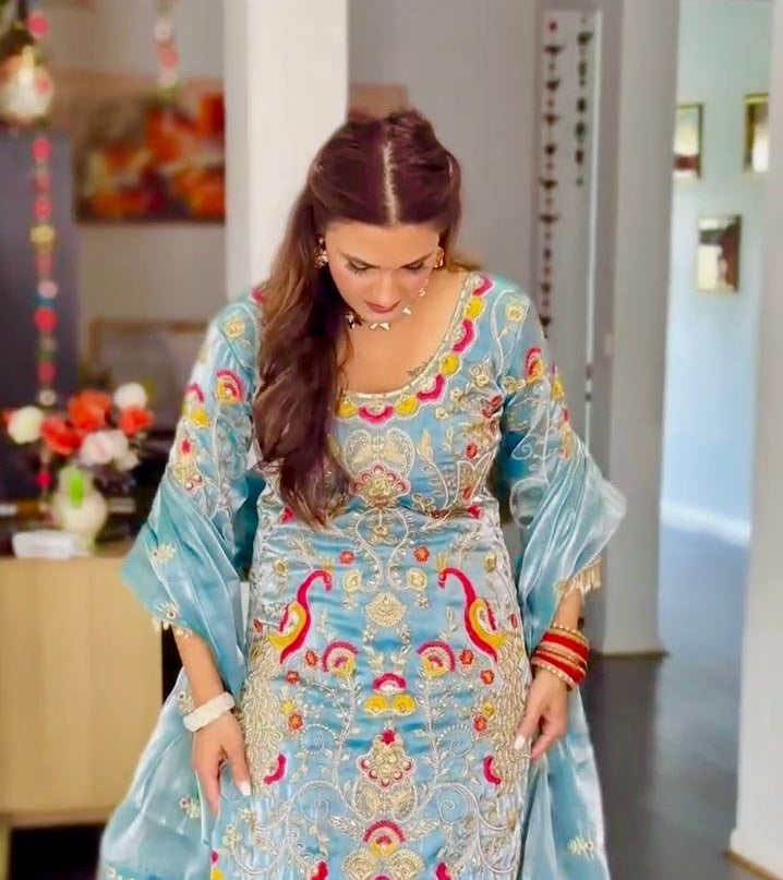 Women's Sky Blue Jimmy Choo Embroidery Chine Sequences Work With Full Hand Work And Fancy Lace Kurta Set