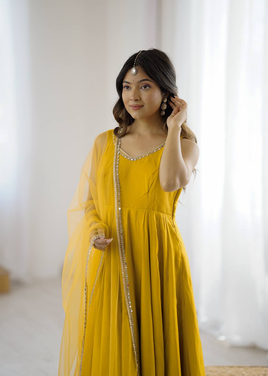 Women's Yellow Roman Silk Chanderi  Yoke Fancy Lace Work Anarkali Set