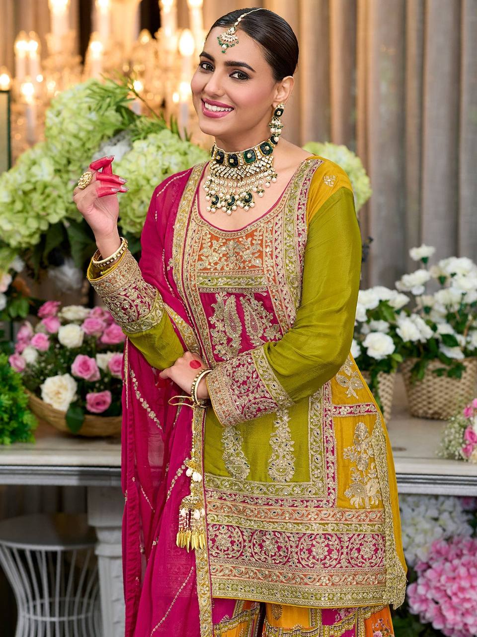 Women's Olive Chinon Silk Chine Sequins Work Kurta Set