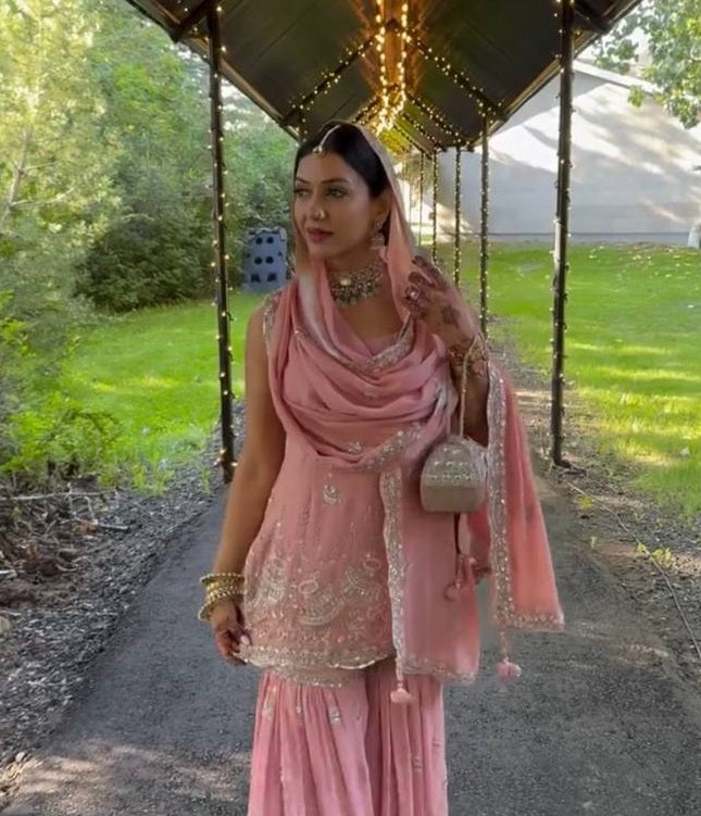 Women's Light Pink Faux Georgette Embroidery 5 Mm Sequence Work With Rivet Moti Work Kurta Set