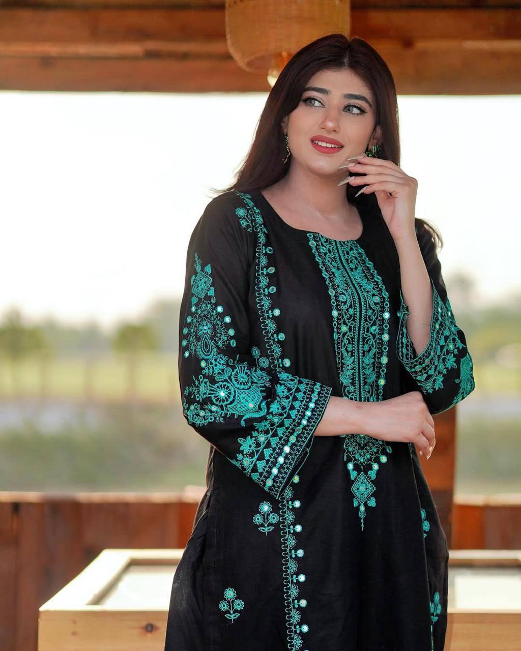 Women's Black Romna Silk Embroidery Work With Mirror Work Kurta Set