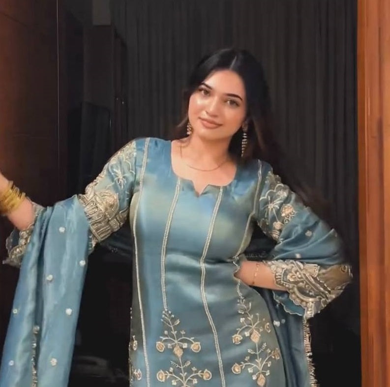 Women's Sky Blue Jimmy Choo Organza Chine Sequence Work Kurta Set