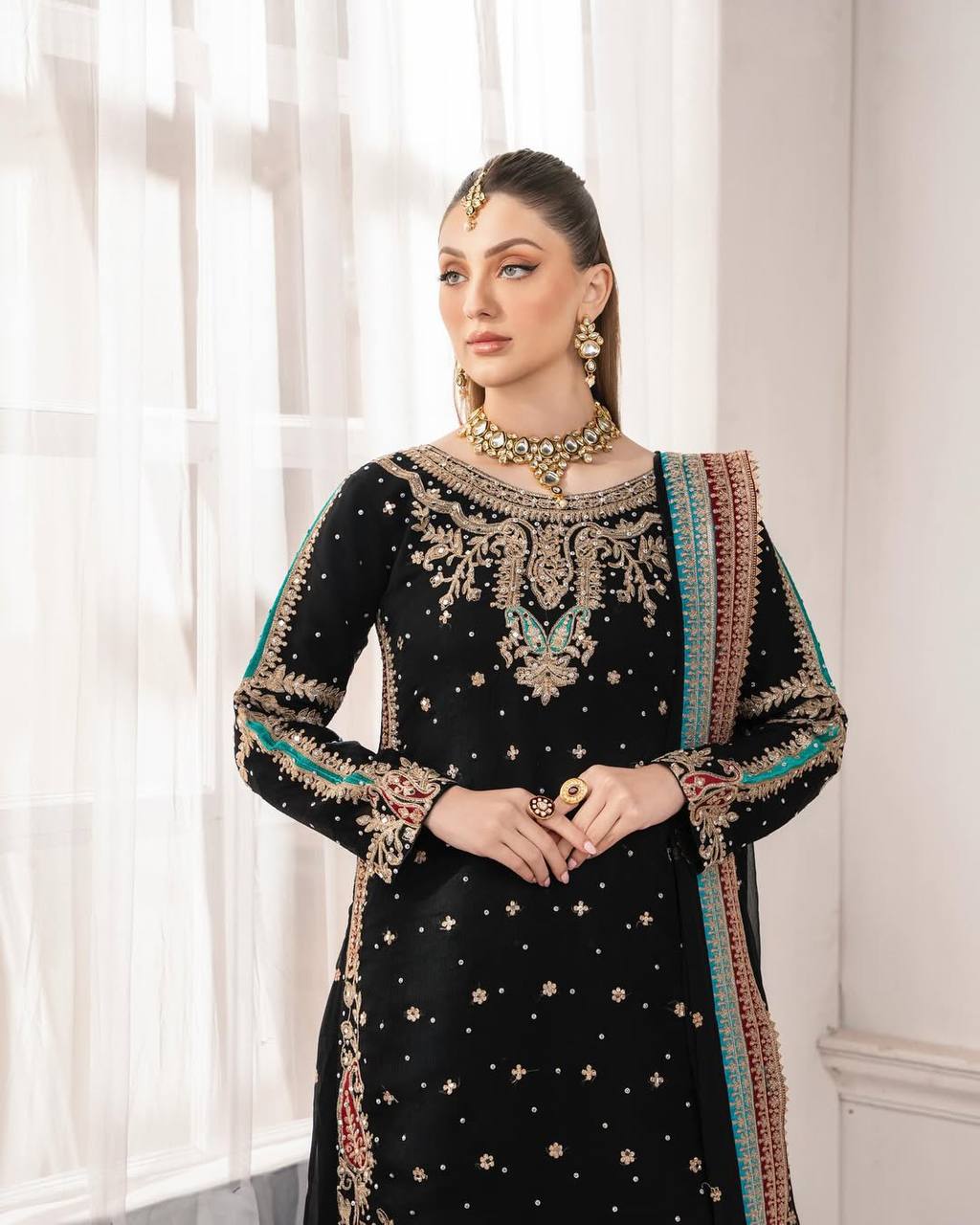 Women's Black Faux Georgette Embroidery Sequences Work With Fancy Lace Bodar And Peral Mirror Hand Work Kurta Set
