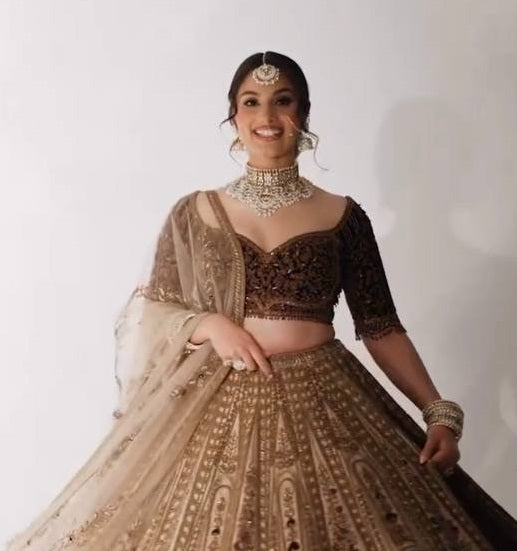 Women's Dark Brown Velvet Sequins & Dori Work All Over Front & Back Lehenga Set