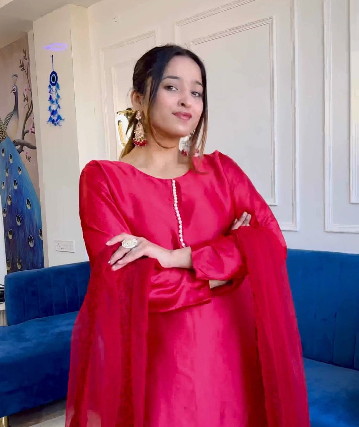 Women's Red Japan Silk Pearl Border  Kurta Set