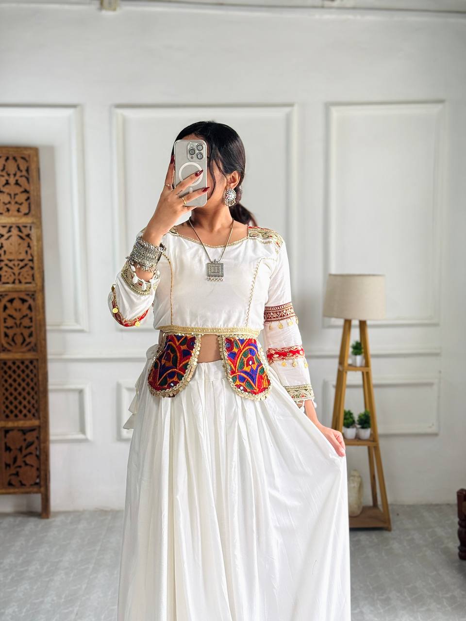 Women's White Cotton Multi Needle Embroidery Work And Mirror Work Lehenga Set